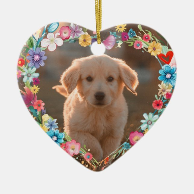 Décoration En Céramique Photo personnalisée Pet Memorial Floral Blue Heart (Devant)