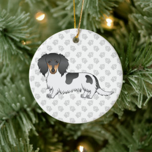 Décoration En Céramique Piebald Noir Et Tan Cheveux Long Dachshund Et Text