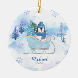 Décoration En Céramique Pingouin d'hiver bleu Snowflakes Montagne