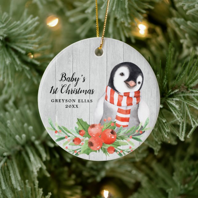 Décoration En Céramique Pingouin rustique Personnalisé Baby's 1er Noël (Arbre)