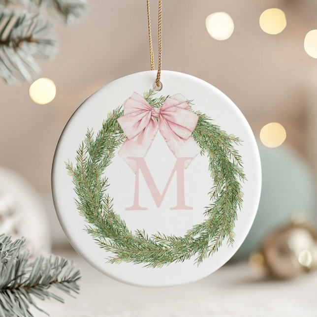 Décoration En Céramique Pink Bow Monogram Wreath Christmas (Créateur téléchargé)