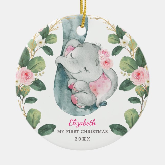 Décoration En Céramique Pink Floral Greenery Elephant Baby 1er Noël (Devant)
