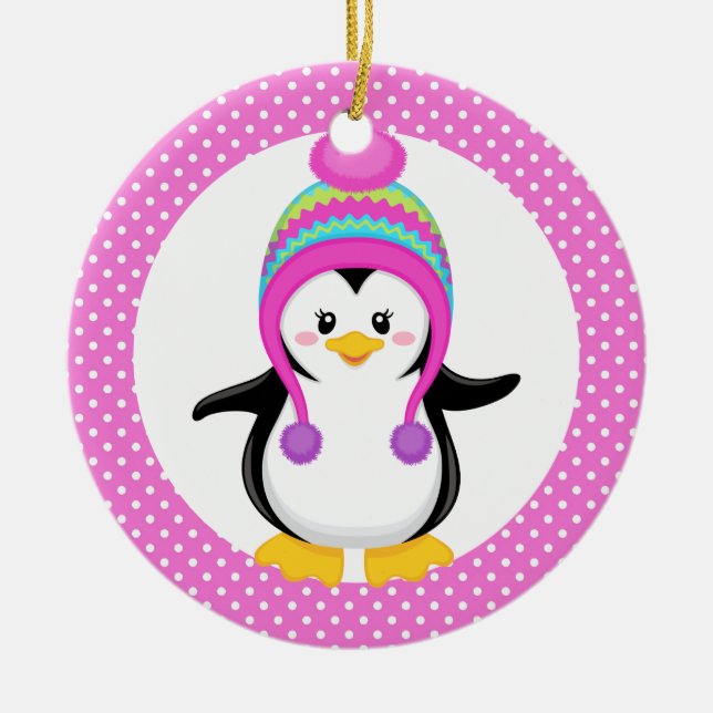 Décoration En Céramique Pink Polka Dot Winter Penguin Girl (Devant)