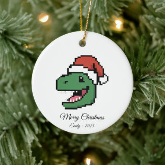 Décoration En Céramique Pixel Art T-Rex Dinosaur Santa Hat Christmas Gift