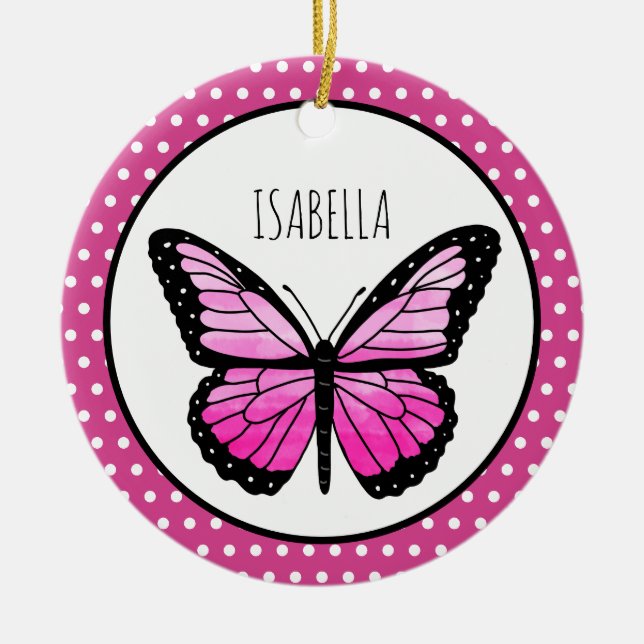 Décoration En Céramique Point Polka Magenta Butterfly Personnalisé (Devant)