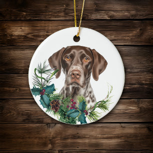 Décoration En Céramique Pointeur allemand à pois courts Chien Holly Wreath