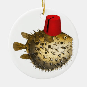Décoration En Céramique Poisson-poule portant un fez, vintage, humour