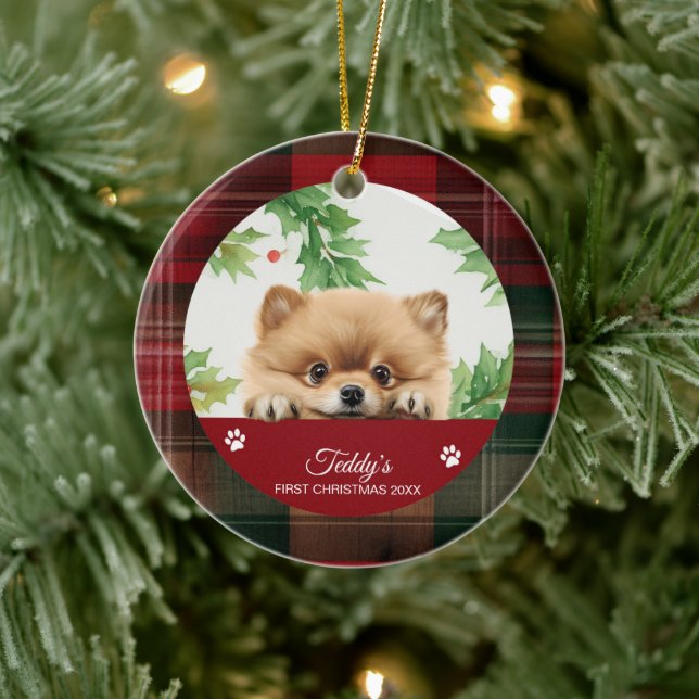 Décoration En Céramique Pomeranian Noël personnalisé de première année (Arbre)