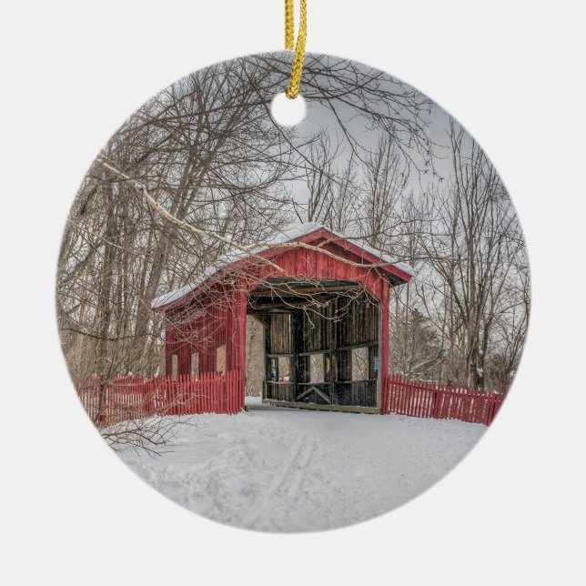 Décoration En Céramique Pont couvert Neige rouge Photo (Devant)
