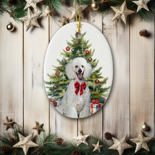 Décoration En Céramique Poodle Standard Blanc Noël Ruban Rouge