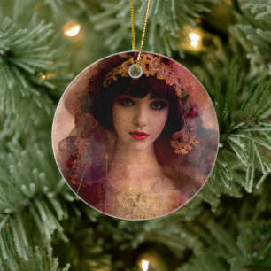 Décoration En Céramique Portrait de style vintage de belle femme en rose