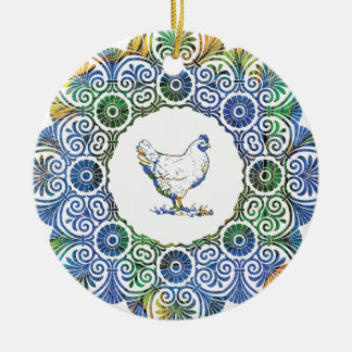Décoration En Céramique Poulet frileux en bleu et vert
