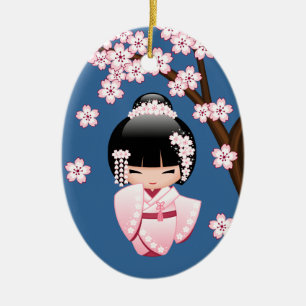 Décoration En Céramique Poupée blanche Kimono Kokeshi - Cute Geisha Girl 