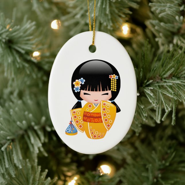 Décoration En Céramique Poupée Kokeshi été - Kimono Jaune fille (Arbre)
