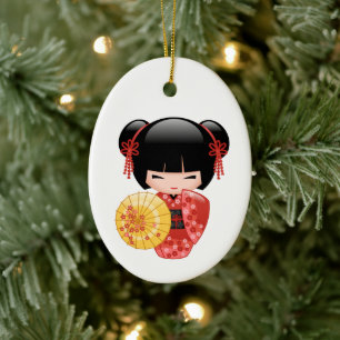 Décoration En Céramique Poupée Rouge Sakura Kokeshi - Cute Geisha en blan