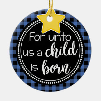 Décoration En Céramique Pour nous un enfant est né Bleu Plaid Noël