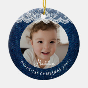 Décoration En Céramique Premier Noël Bébé Denim Dentelle Rustique Bleu Bla