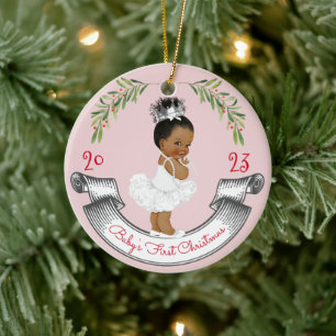 Décoration En Céramique Premier Noël de bébé Cheveux noirs Couronne rose e