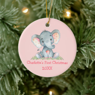 Décoration En Céramique Premier Noël de bébé Éléphant aquarelle rose