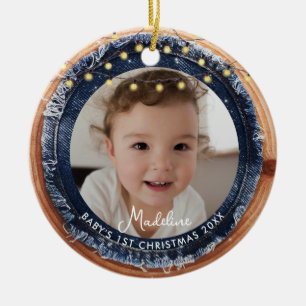 Décoration En Céramique Premier Noël de bébé en denim rustique avec lumièr