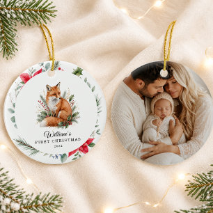 Décoration En Céramique Premier Noël de bébé renard aquarelle personnalisé