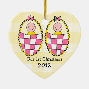 Décoration En Céramique Premier Noël de guingan de filles jaunes de jumeau