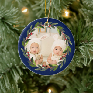 Décoration En Céramique Premier Noël de jumeaux Couronne aquarelle Photo B