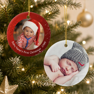 Décoration En Céramique Premier Noël du bébé, Flocon de neige rouge, 2 côt