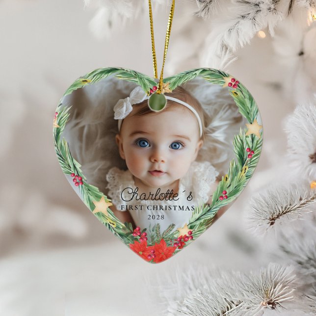 Décoration En Céramique Premier Noël du bébé - Photo (Baby's First Christmas – Photo - Heart - Ceramic Ornament.)
