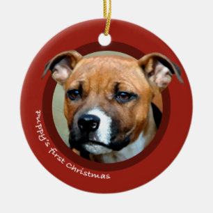 Décoration En Céramique Premier Noël du chiot (Américain le Staffordshir