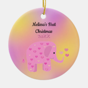 Décoration En Céramique Premier Noël d'un bébé éléphant rose et jaune