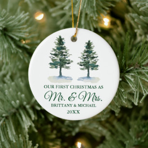 Décoration En Céramique Premier Noël M. et Mme Aquarelle Deux pins