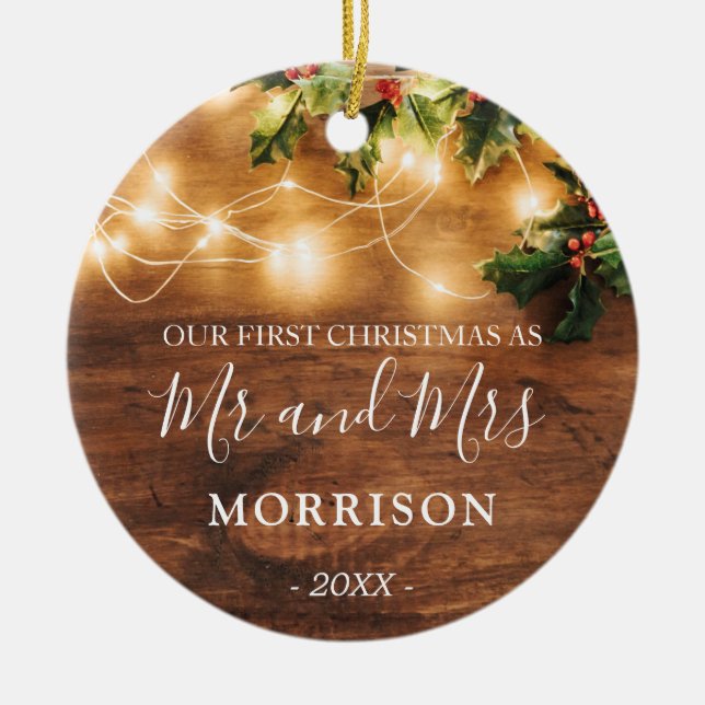 Décoration En Céramique Premier Noël marié bois rustique et lumières (Devant)