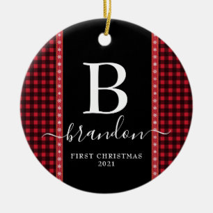 Décoration En Céramique Premier Noël Monogramme Nom de Bébé Buffalo Plaid 