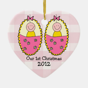 Décoration En Céramique Premier rose de Noël de filles jumelles