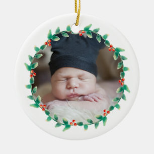 Décoration En Céramique Première baie de houx de photo de Noël de bébé