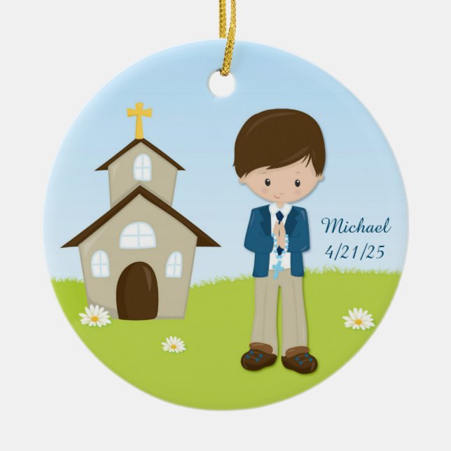 Décoration En Céramique Première communion, garçon de brune (Devant)