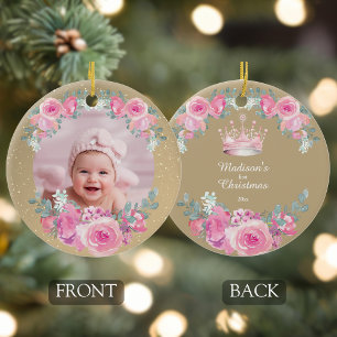 Décoration En Céramique Première Noël de bébé fille aux fleurs roses