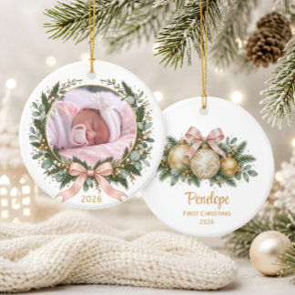 Décoration En Céramique Première photo de Noël de bébé avec rose tendre