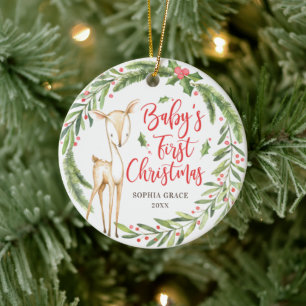 Décoration En Céramique Première photo de Noël de Holly Wreath Deer Baby