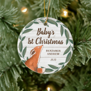 Décoration En Céramique Première photo de Noël du bébé de renard vert rust