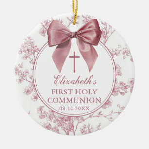 Décoration En Céramique Première Sainte Communion Fleurie Ruban Rose Vinta