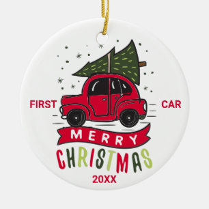 Décoration En Céramique Première voiture Joyeux Noël Arbre rouge voiture T