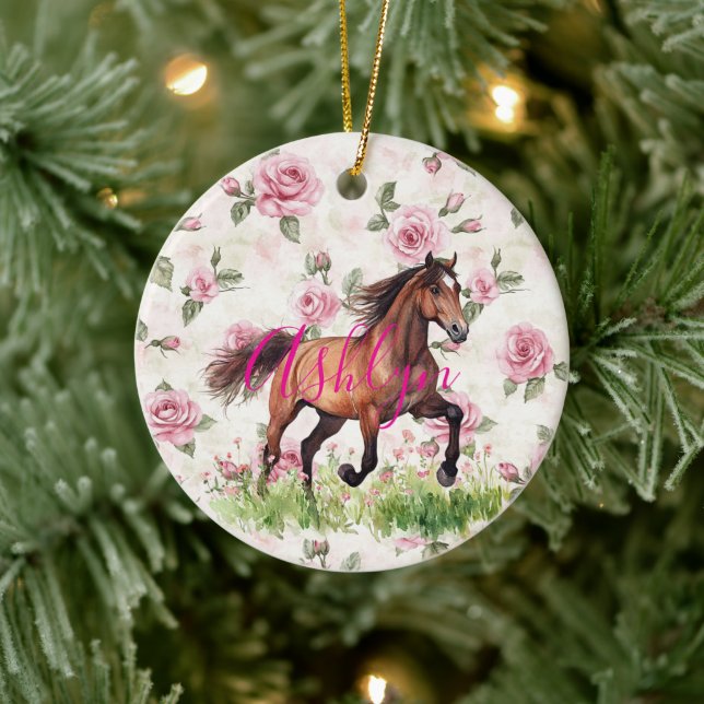 Décoration En Céramique Pretty Pink Roses Horse Christmas (Arbre)