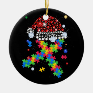 Décoration En Céramique Puzzle Pièce Ruban Santa Hat Noël Autisme Awa