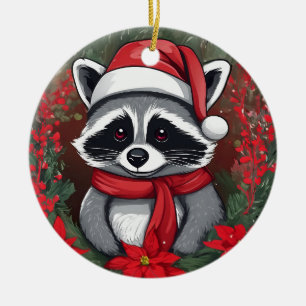 Décoration En Céramique Raccoon de Noël avec Poinsettias Santa Hat
