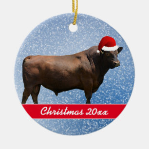 Décoration En Céramique Red Angus Bull et Santa Hat