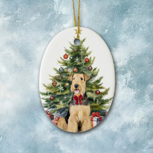 Décoration En Céramique Red Bow Airedale Terrier Chien Noël