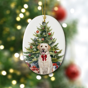 Décoration En Céramique Red Bow Jellow Labrador Retriers Noël
