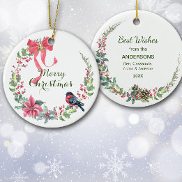 Décoration En Céramique Red Bow Poinsettia Bird Vacances Wreath